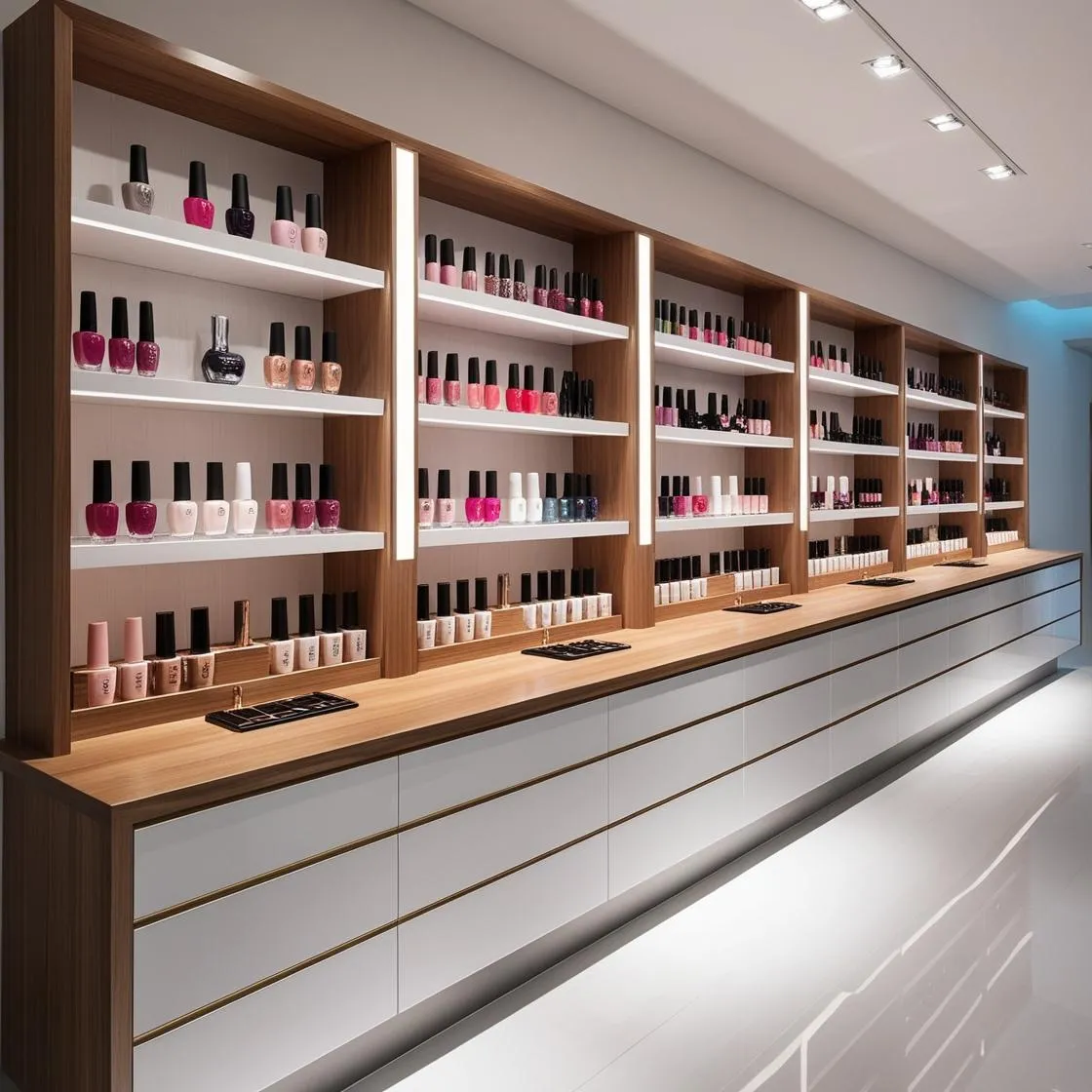 Kệ Trưng Bày Nail Thiết Kế Gỗ Sang Trọng 11 kệ trưng bày nail thiết kế gỗ sang trọng dài 6m cao 3m màu trắng hiện đại_ (10)