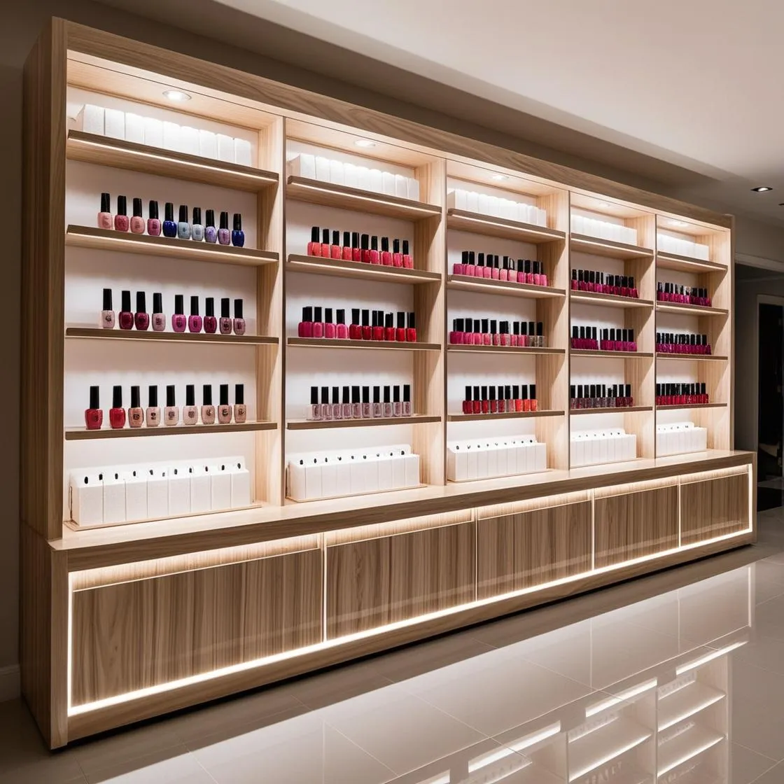 Kệ Trưng Bày Nail Thiết Kế Gỗ Sang Trọng 12 kệ trưng bày nail thiết kế gỗ sang trọng dài 6m cao 3m màu trắng hiện đại_ (11)