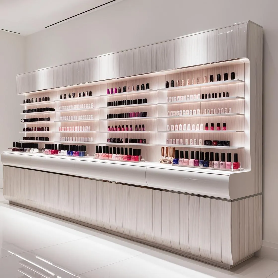 Kệ Trưng Bày Nail Thiết Kế Gỗ Sang Trọng 4 kệ trưng bày nail thiết kế gỗ sang trọng dài 6m cao 3m màu trắng hiện đại_ (3)