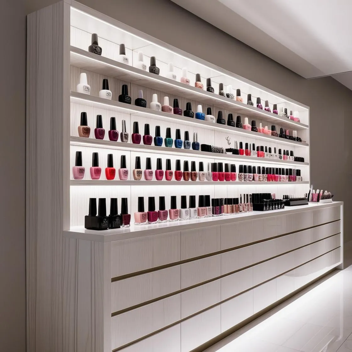 Kệ Trưng Bày Nail Thiết Kế Gỗ Sang Trọng 9 kệ trưng bày nail thiết kế gỗ sang trọng dài 6m cao 3m màu trắng hiện đại_ (8)