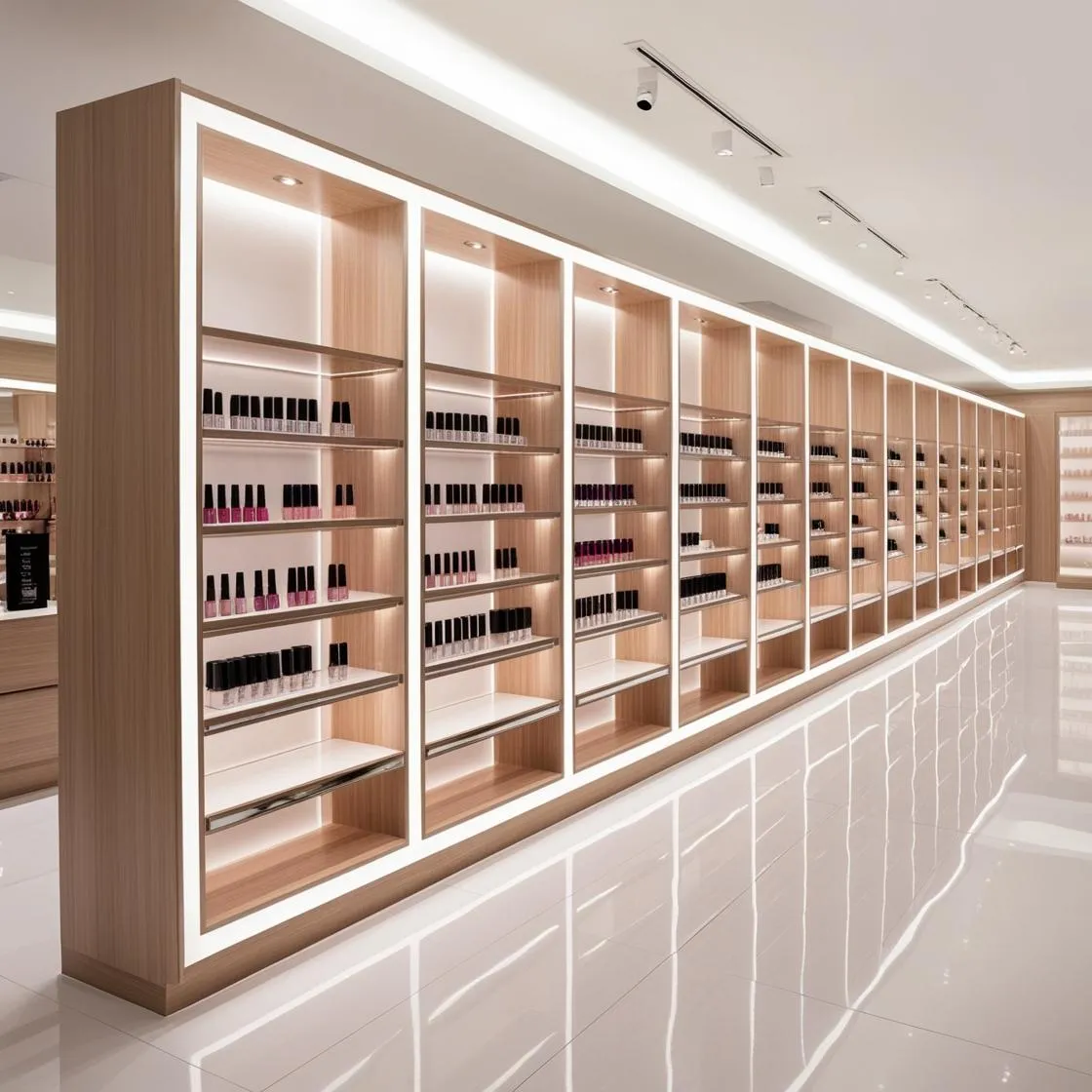 Kệ Trưng Bày Nail Thiết Kế Gỗ Sang Trọng 14 kệ trưng bày nail thiết kế gỗ sang trọng dài 6m cao 3m màu trắng hiện đại_