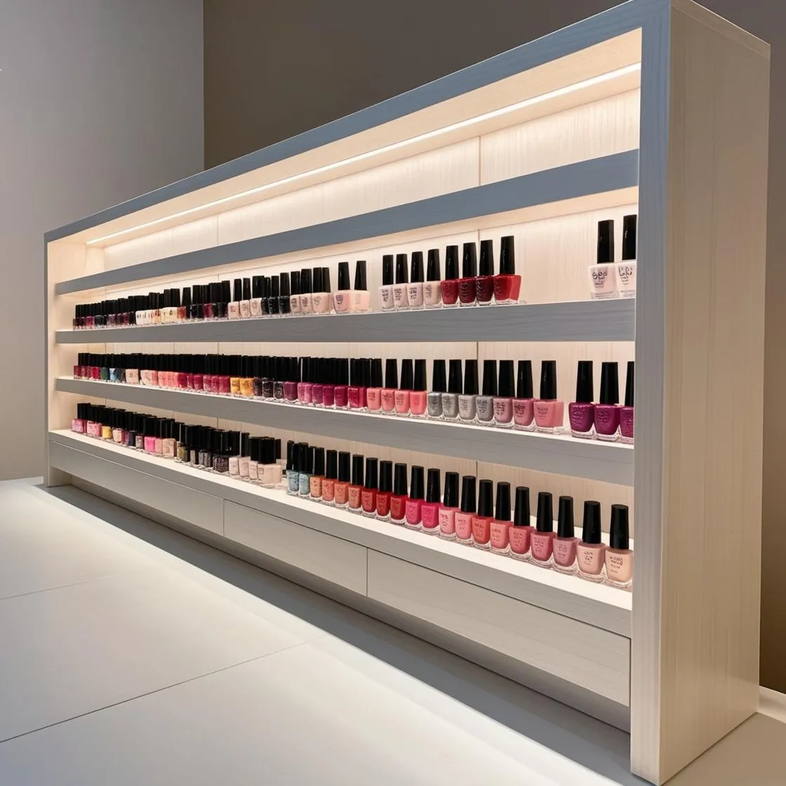Kệ Trưng Bày Nail Thiết Kế Gỗ Sang Trọng 15 kệ trưng bày nail thiết kế gỗ sang trọng dài 6m cao 3m màu trắng_ (1)