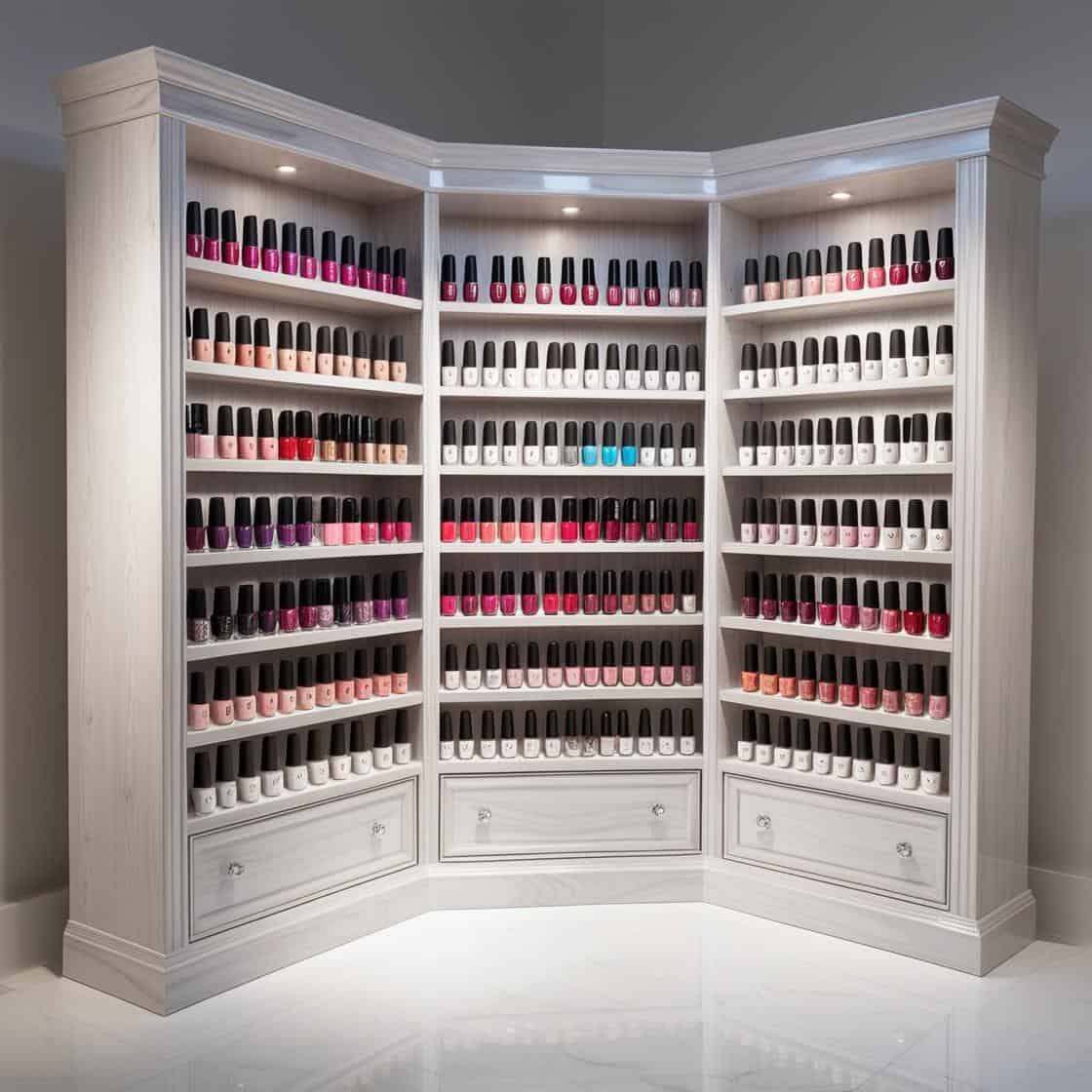 kệ trưng bày nail thiết kế gỗ sang trọng dài 6m cao 3m màu trắng_