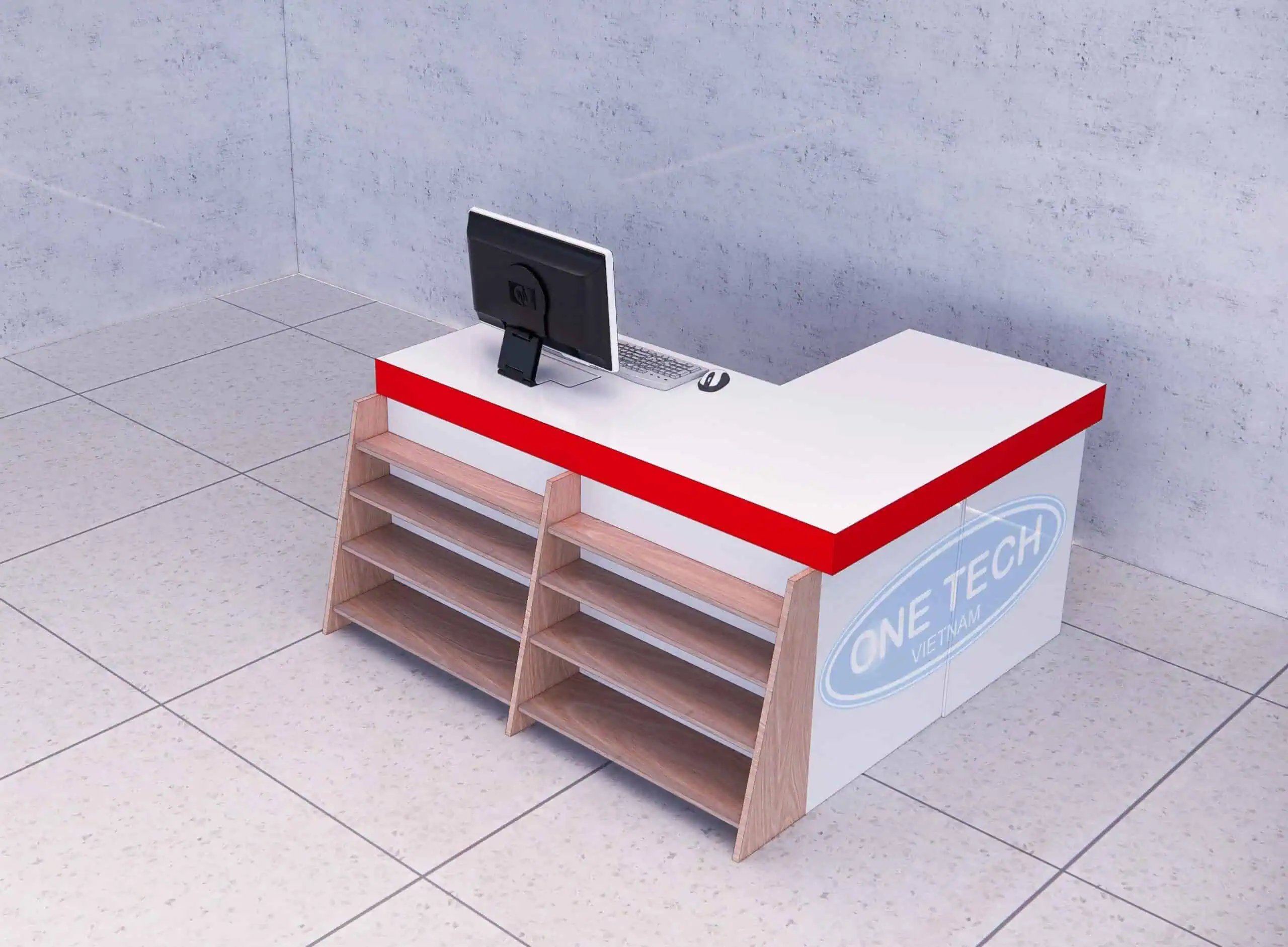 Kệ gỗ ở quầy thu ngân