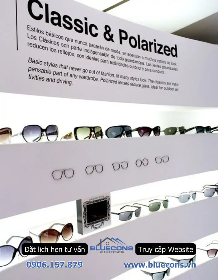 Thi công shop kính thuốc đẹp trưng bày hiện đại