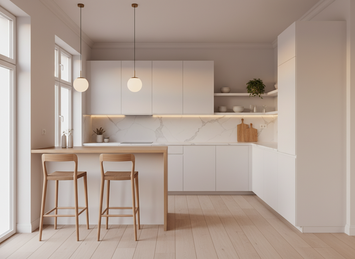 Khong Gian Bep Nha Pho Phong Cach Scandinavian Tu Bep Chu L Mau Trang Mat Da Trang