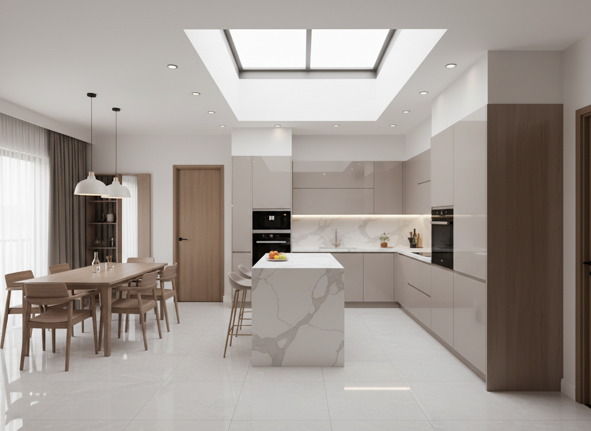 Khong Gian Bep Va Phong An Nha Pho Hien Dai Tu Bep Chu L Acrylic Bong Guong Mat Da