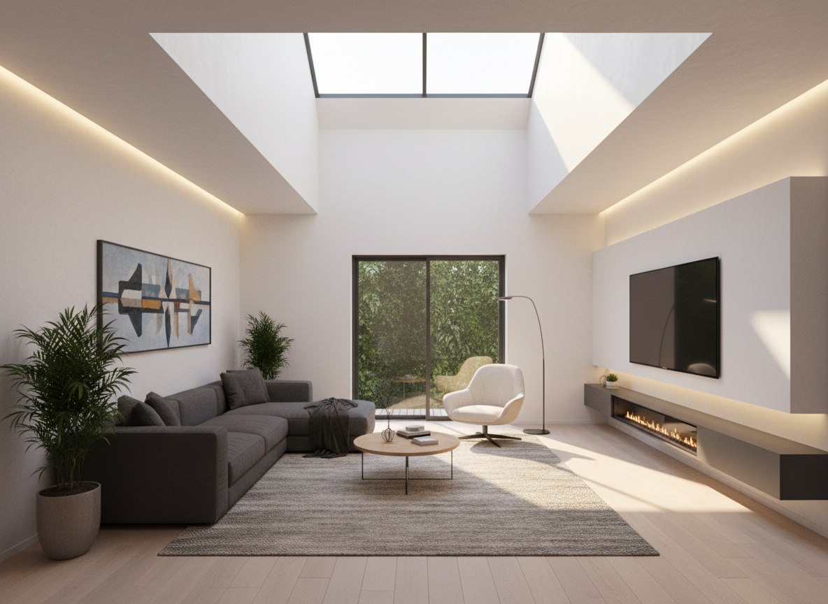 Khong Gian Phong Khach Nha Pho Bo Tri Khoa Hoc Sofa Sat Tuong Ke Tivi Treo Den Led