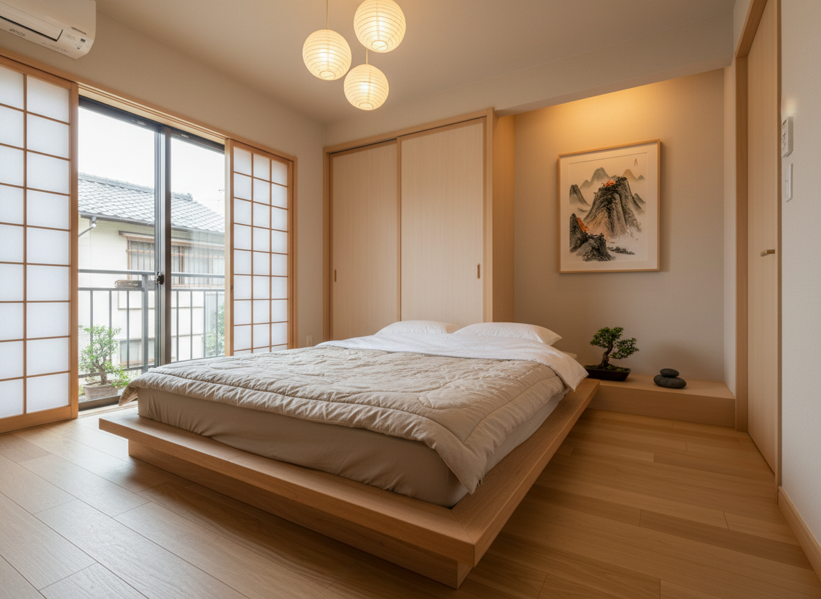 Khong Gian Phong Ngu Nha Pho Phong Cach Nhat Giuong Go Thap Kieu Tatami Tu Am Tuong