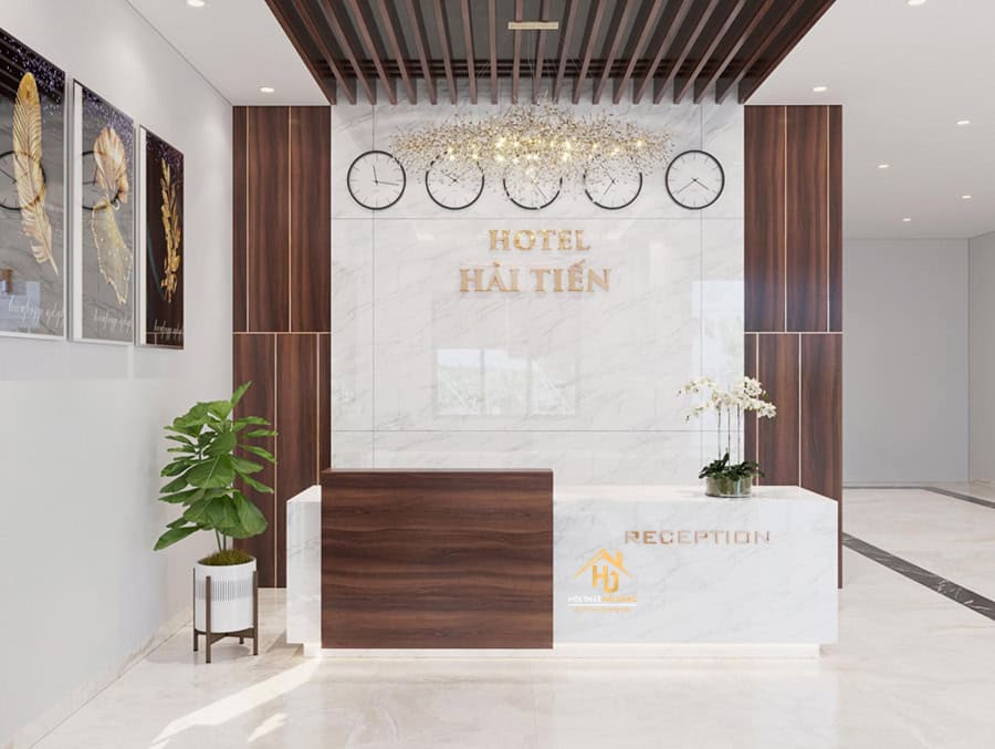 Quầy lễ tân với vật liệu tự nhiên