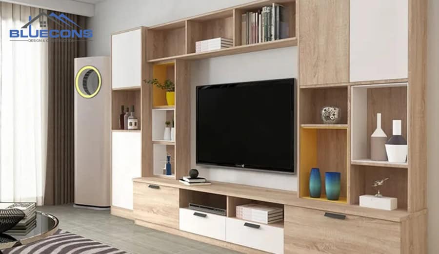 Mẫu tủ để phòng khách theo kệ tiện lợi