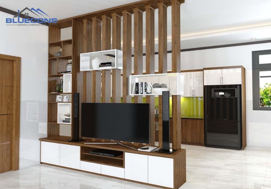 Mẫu tủ gỗ phòng khách hiện đại kết hợp vách ngăn