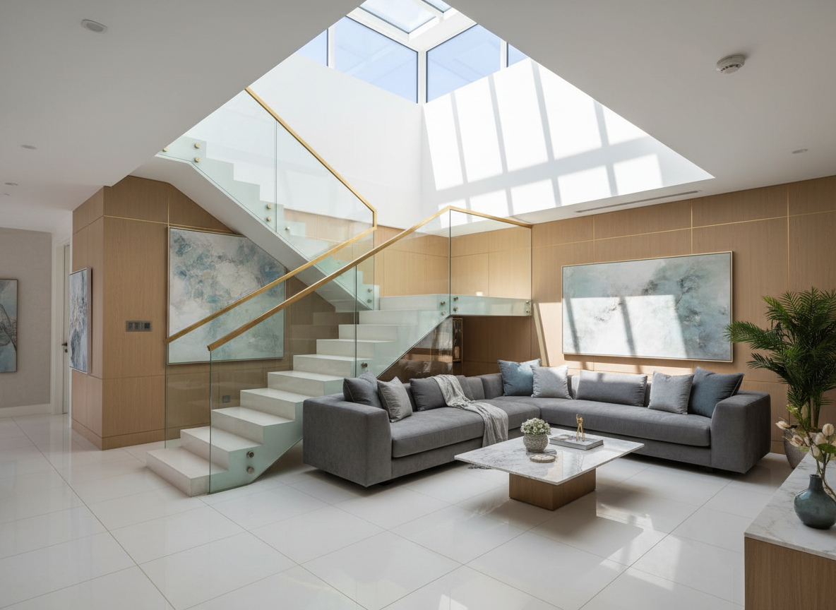 Nha Pho Luxury Voi Phong Khach Lien Cau Thang Kinh Lan Can Kinh Cuong Luc