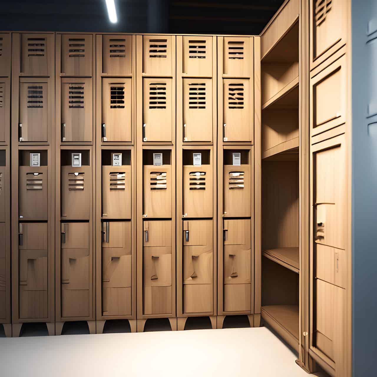 Production of MFC wooden mdf locker cabinets Production of MFC wooden mdf locker cabinets 3D render, composite, by artgerm, art germ, Cinematic Lighting
