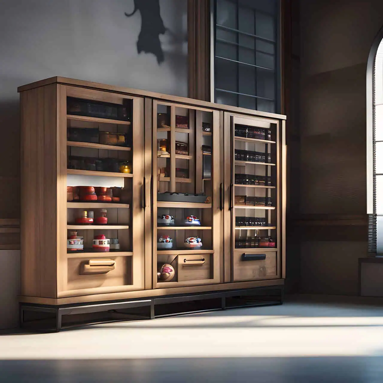 MFC industrial wood toy cabinet 3D render, composite, by artgerm, art germ, Cinematic Lighting