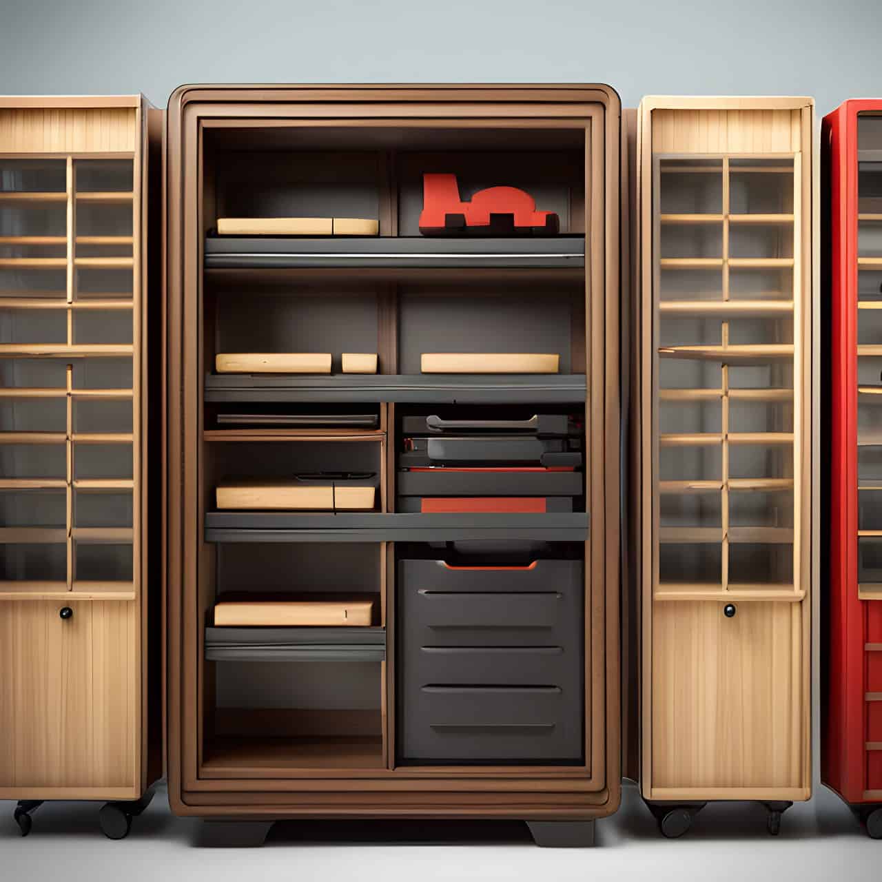 MFC industrial wood toy cabinet MFC industrial wood toy cabinet 3D render, composite, by artgerm, art germ, Cinematic Lighting