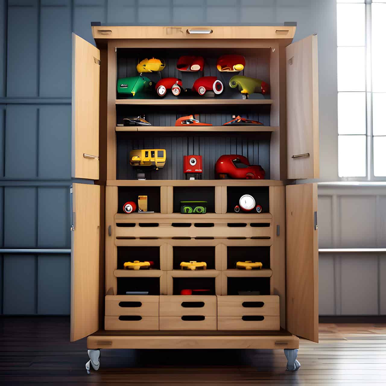 MFC industrial wood toy cabinet MFC industrial wood toy cabinet 3D render, composite, by artgerm, art germ, Cinematic Lighting