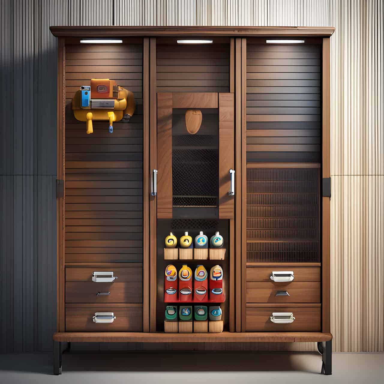 MFC industrial wood toy cabinet MFC industrial wood toy cabinet 3D render, composite, by artgerm, art germ, Cinematic Lighting