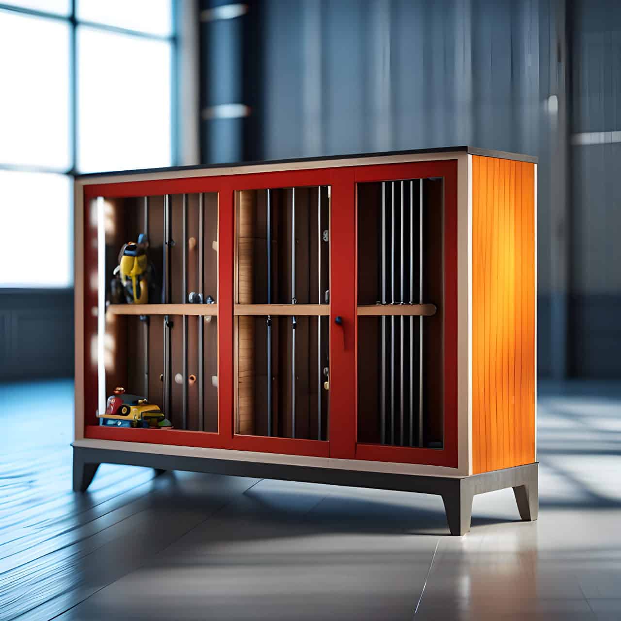 MFC industrial wood toy cabinet MFC industrial wood toy cabinet 3D render, composite, by artgerm, art germ, Cinematic Lighting