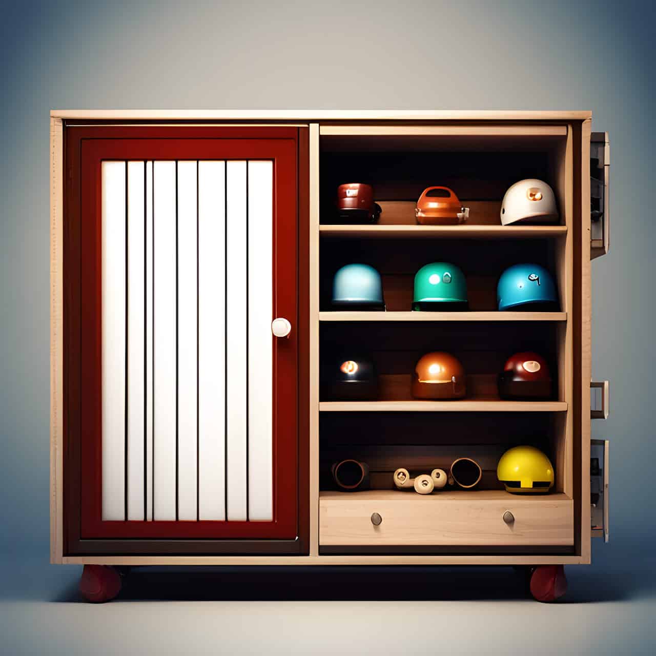 MFC industrial wood toy cabinet MFC industrial wood toy cabinet 3D render, composite, by artgerm, art germ, Cinematic Lighting