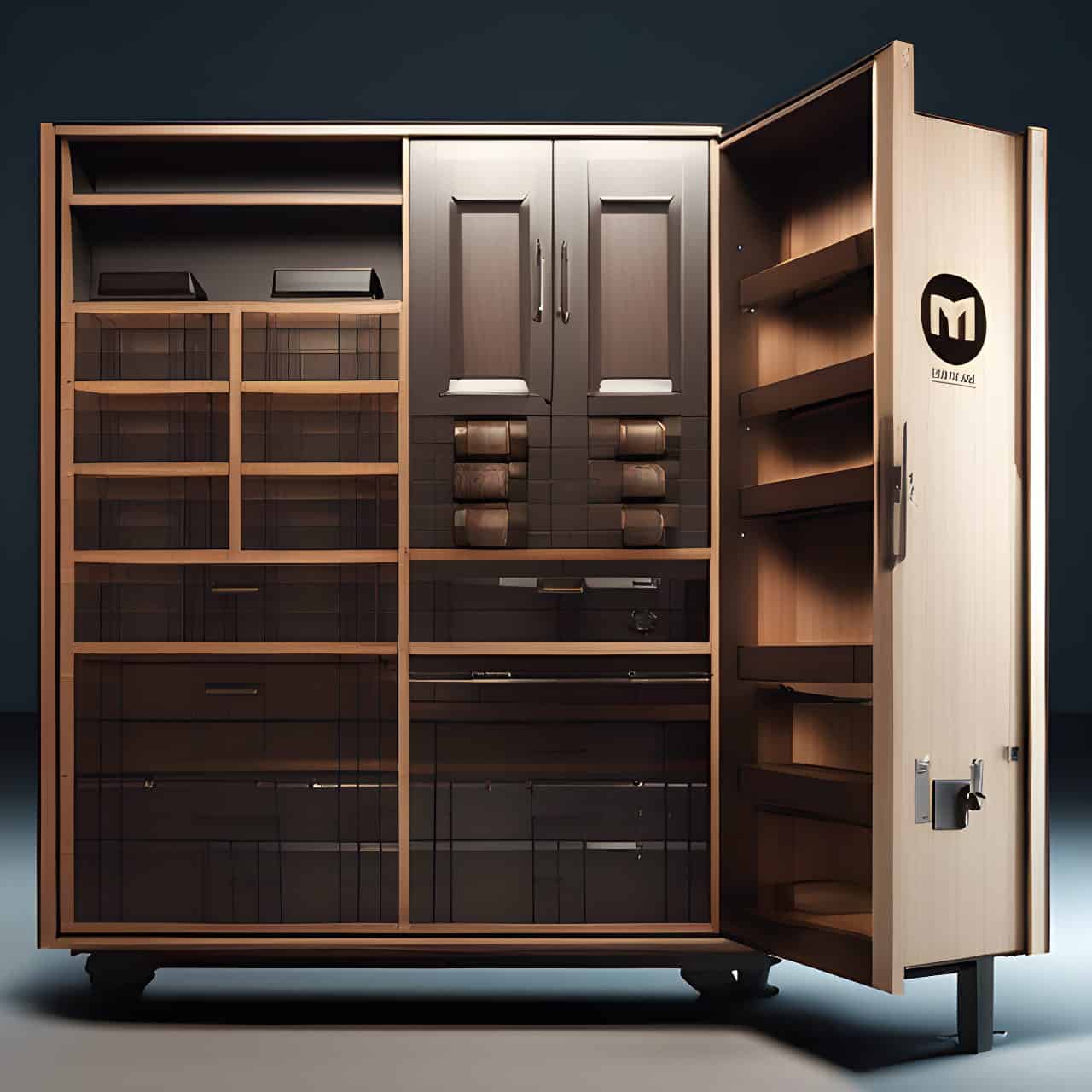 MFC industrial wood toy cabinet MFC industrial wood toy cabinet 3D render, composite, by artgerm, art germ, Cinematic Lighting