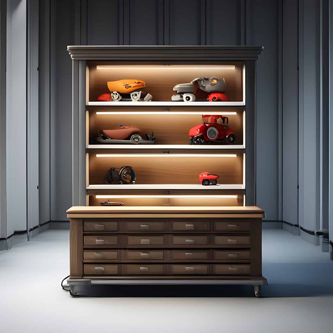 MFC industrial wood toy cabinet MFC industrial wood toy cabinet 3D render, composite, by artgerm, art germ, Cinematic Lighting