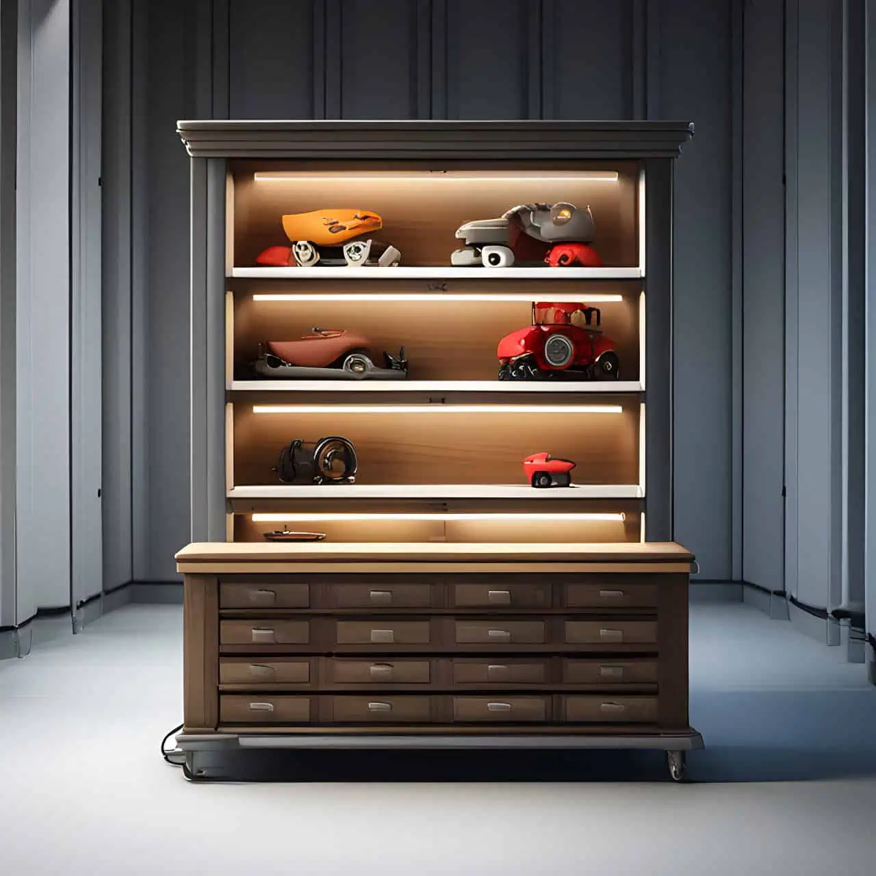 MFC industrial wood toy cabinet MFC industrial wood toy cabinet 3D render, composite, by artgerm, art germ, Cinematic Lighting