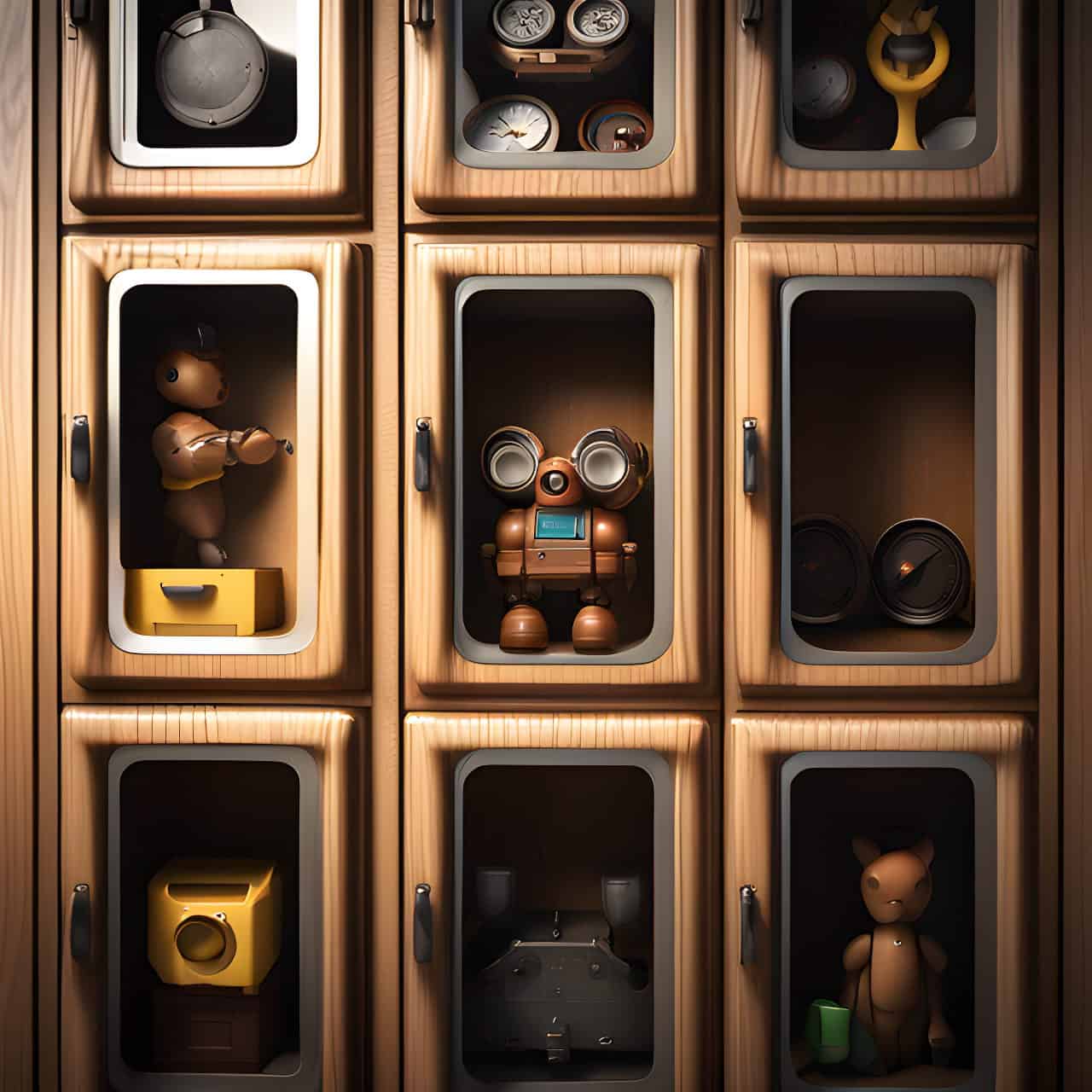 MFC industrial wood toy cabinet MFC industrial wood toy cabinet 3D render, composite, by artgerm, art germ, Cinematic Lighting