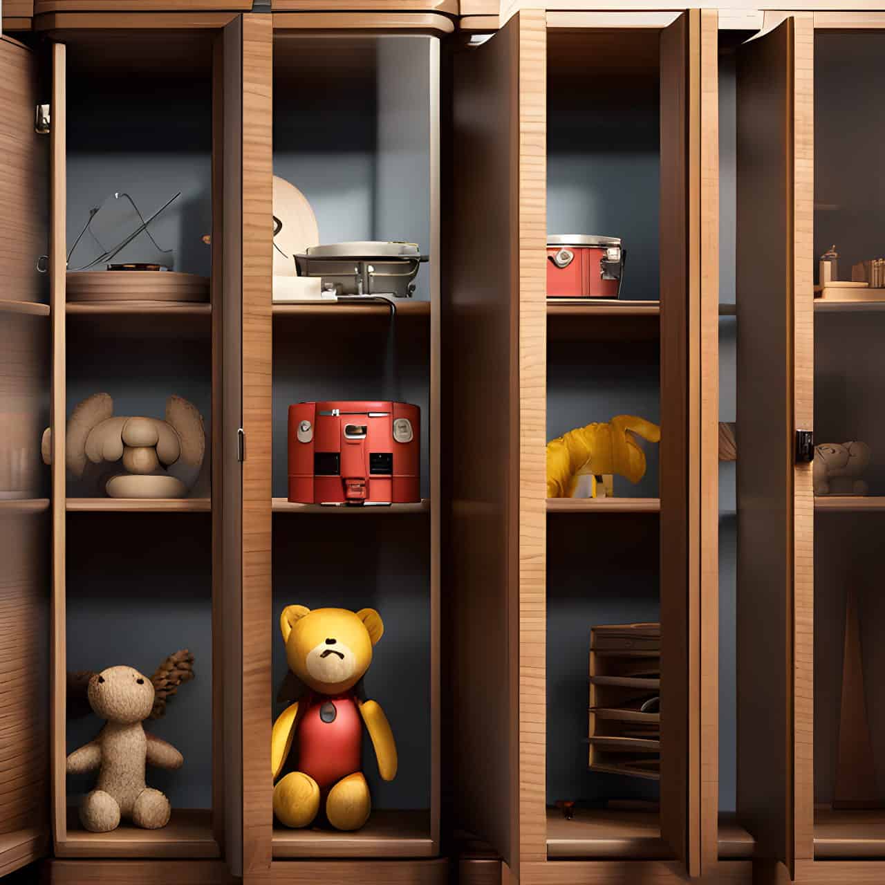 MFC industrial wood toy cabinet MFC industrial wood toy cabinet 3D render, composite, by artgerm, art germ, Cinematic Lighting
