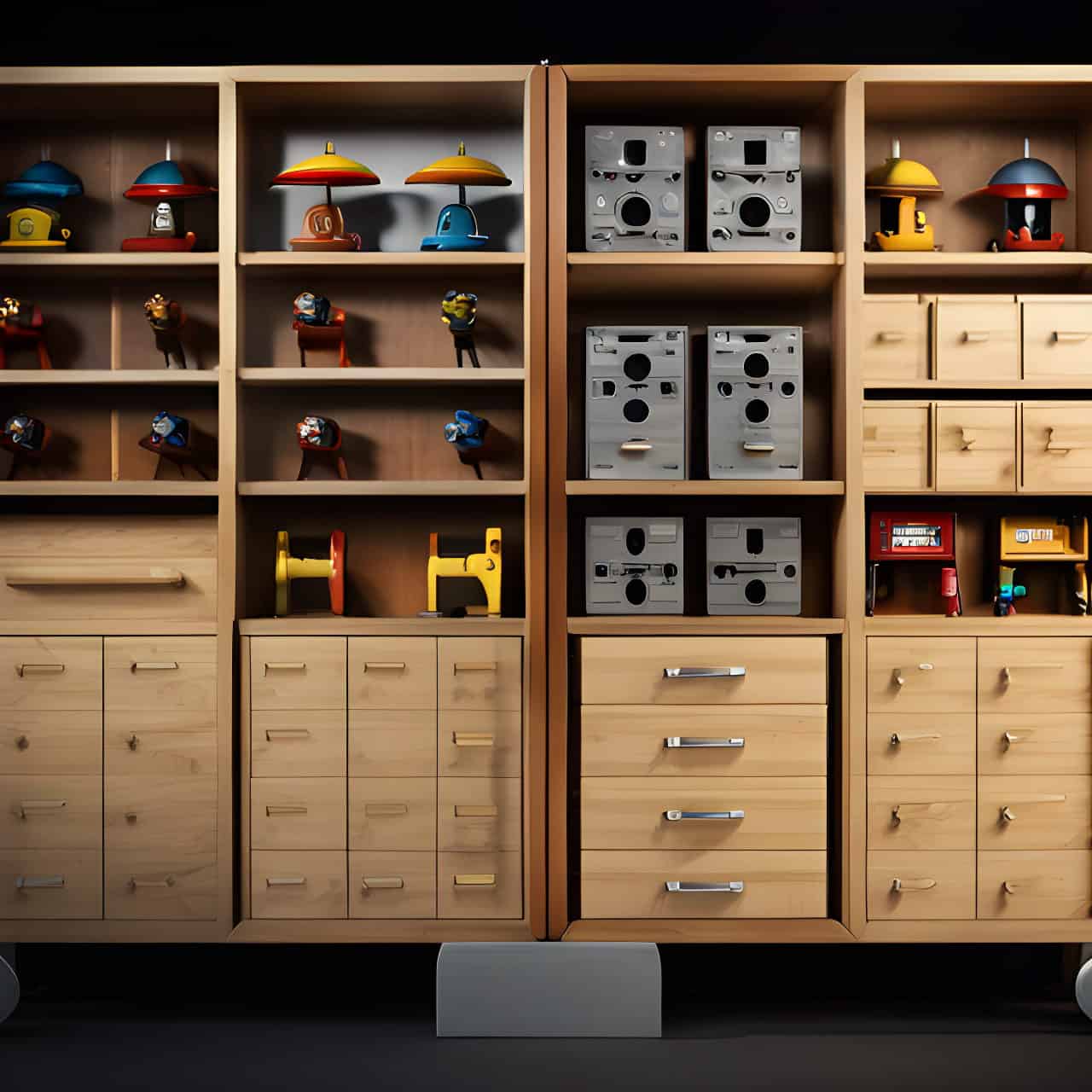 MFC industrial wood toy cabinet MFC industrial wood toy cabinet 3D render, composite, by artgerm, art germ, Cinematic Lighting