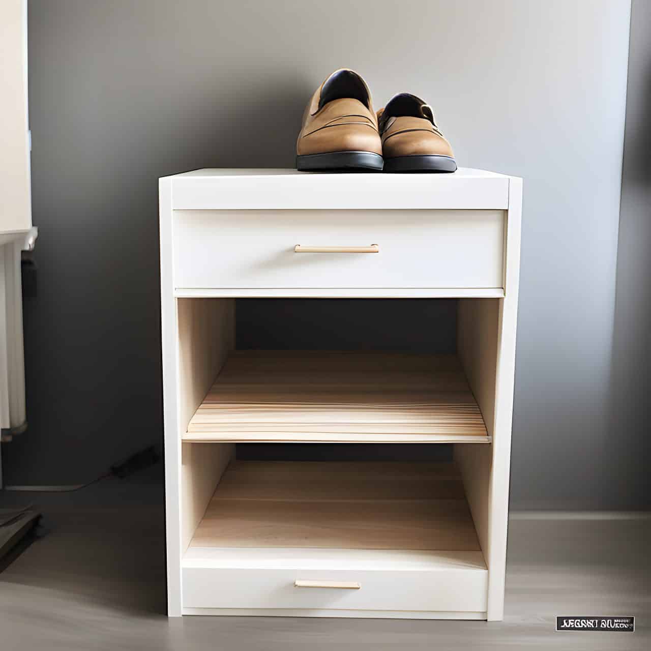 Construction of white industrial wood shoe cabinet Construction of white industrial wood shoe cabinet