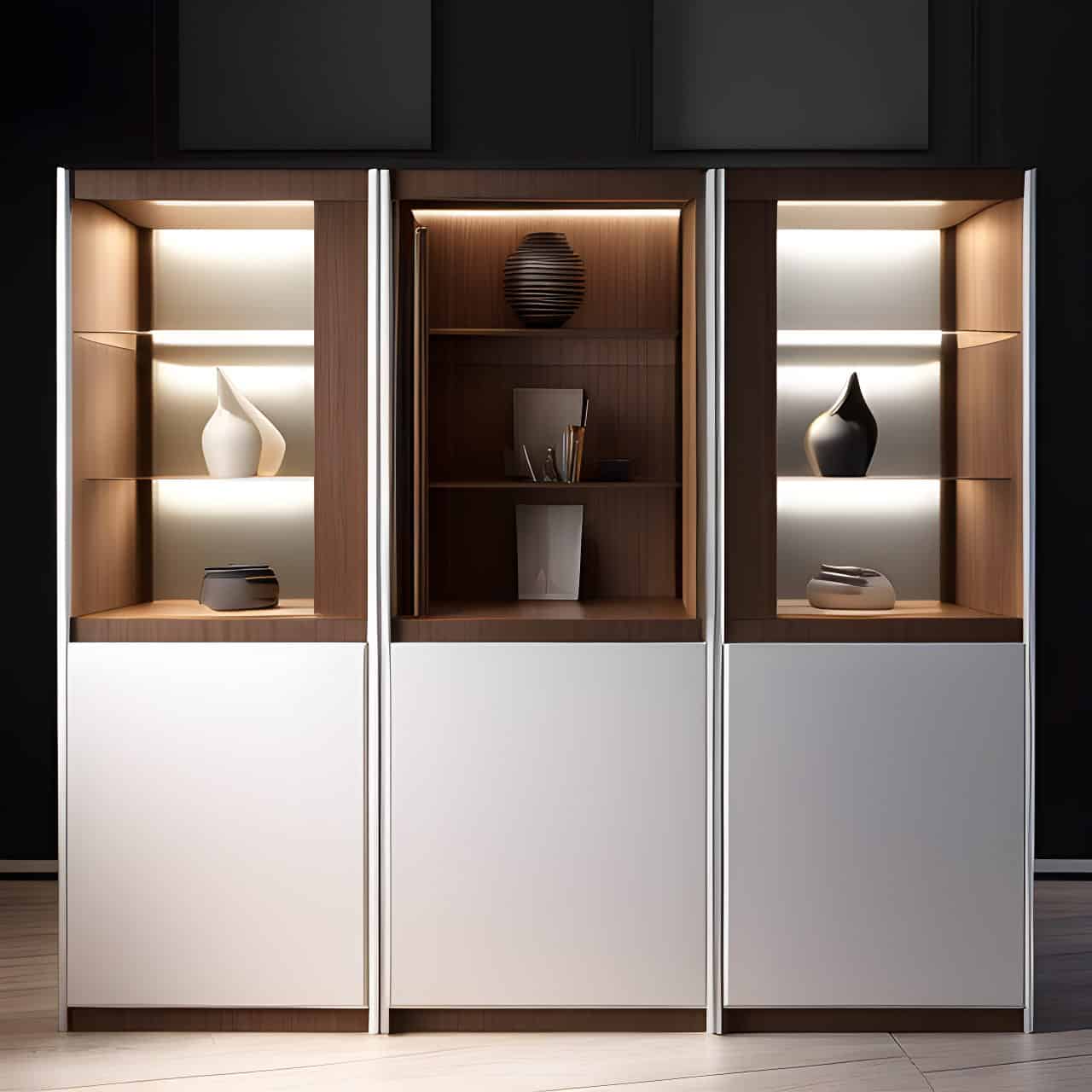 Modern MDF display cabinet 50m2 3D render, composite, by artgerm, art germ, Cinematic Lighting