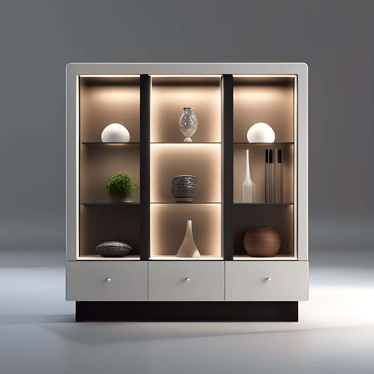 Modern MDF display cabinet 50m2 3D render, composite, by artgerm, art germ, Cinematic Lighting