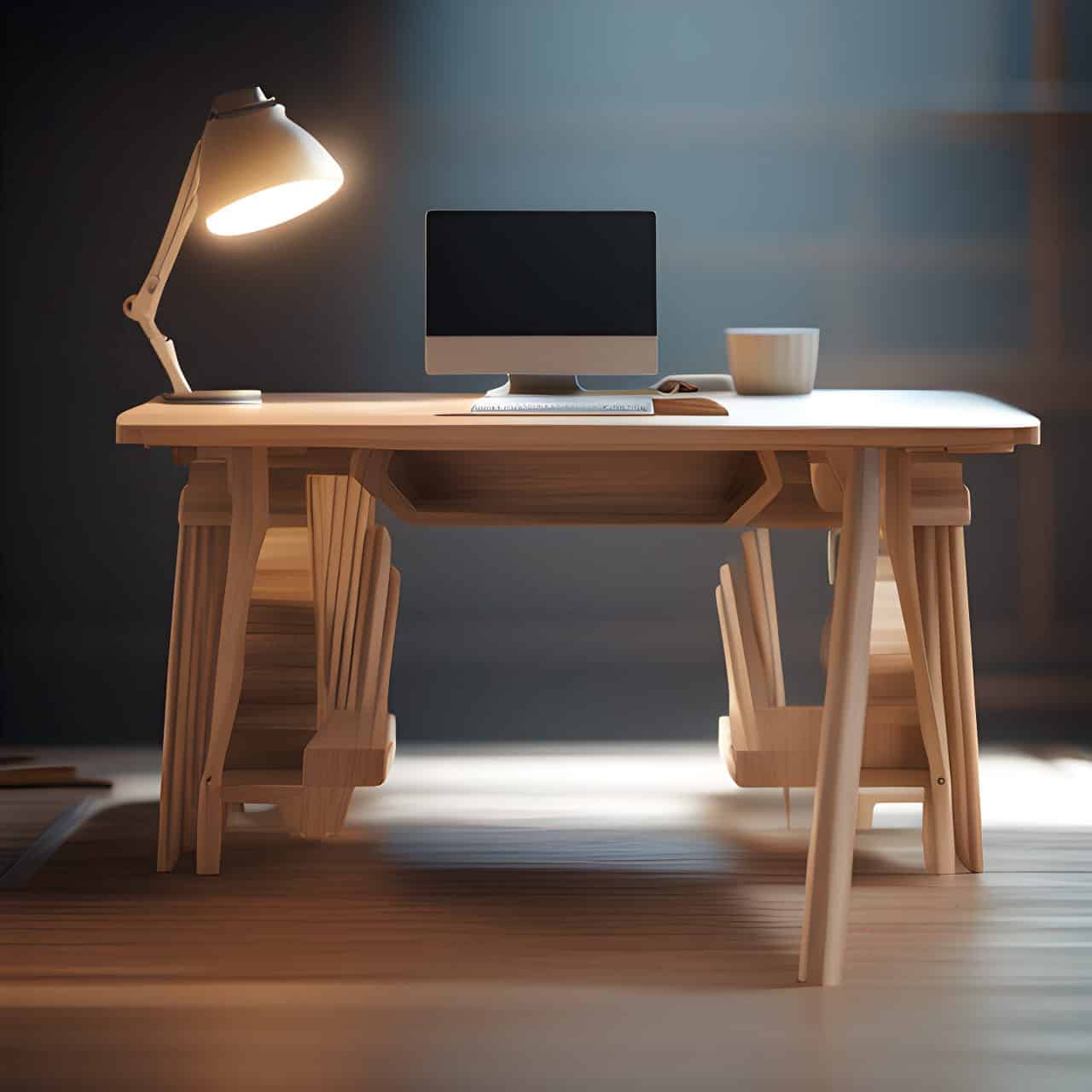 MFC wooden desk construction MFC wooden desk construction 3D render, composite, by artgerm, art germ, Cinematic Lighting