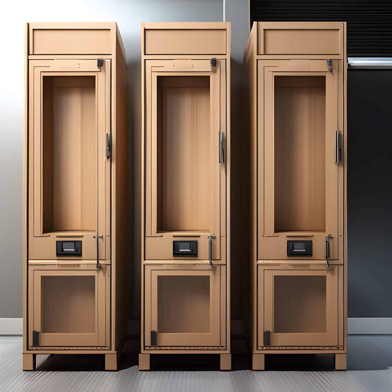 Production of MFC wooden mdf locker cabinets Production of MFC wooden mdf locker cabinets 3D render, composite, by artgerm, art germ, Cinematic Lighting