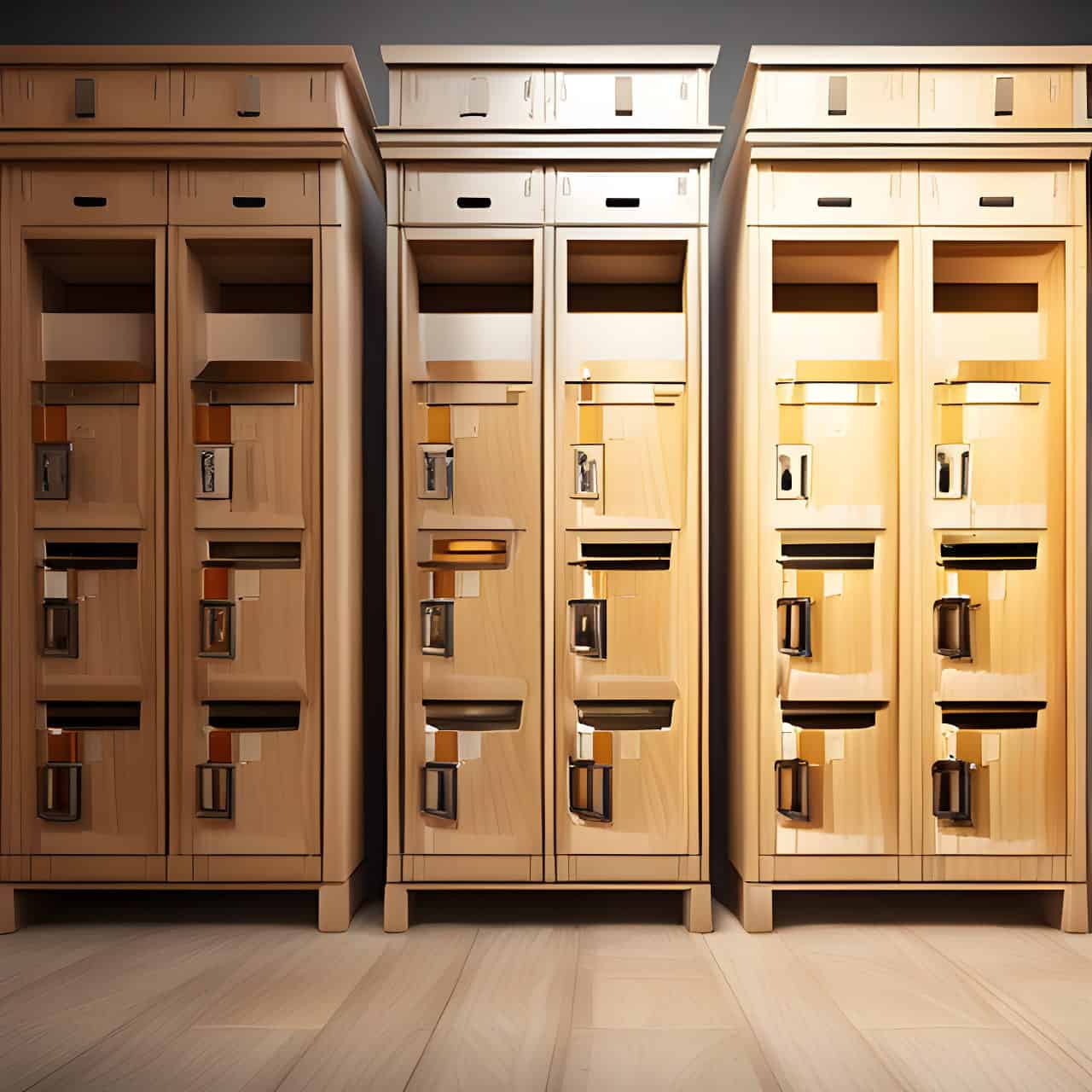 Production of MFC wooden mdf locker cabinets Production of MFC wooden mdf locker cabinets 3D render, composite, by artgerm, art germ, Cinematic Lighting
