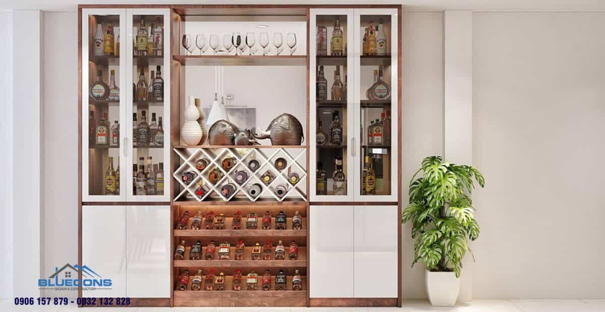 Tủ trưng bày rượu kết hợp giữa tone trầm và màu trắng thanh lịch cho phòng khách