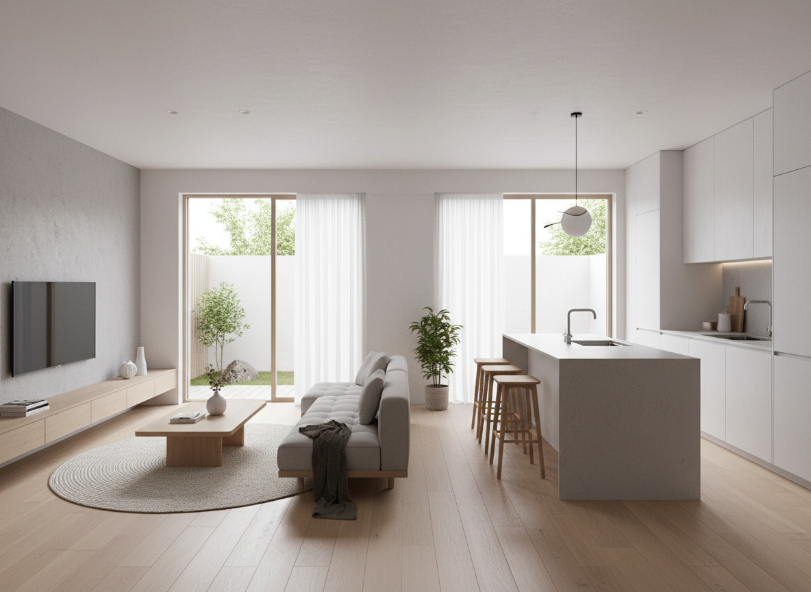 Phoi Canh Nha Pho Phong Cach Nhat Hien Dai Phong Khach Lien Thong Bep San Go Sang