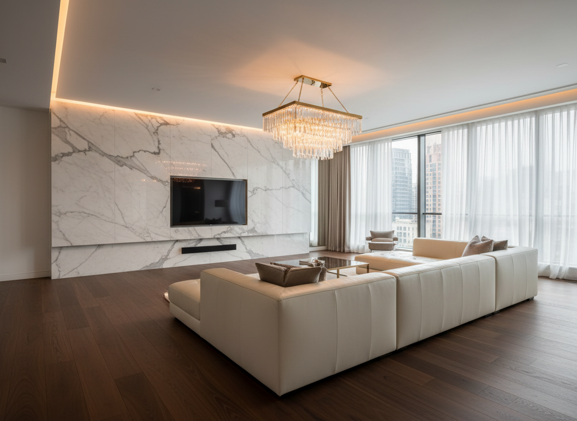 Phong Khach Nha Pho Luxury Phong Cach Hien Dai Sofa Da Cao Cap Mau Kem Vach Tivi