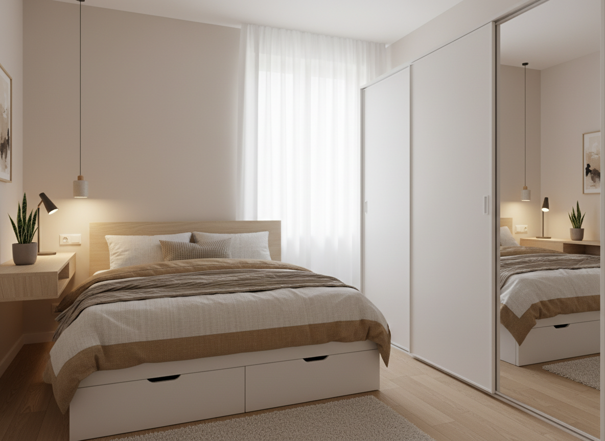 Phong Ngu Nha Pho Nho Noi That Gia Re Giuong Co Ngan Keo Tu Ao Cua Lua Gam Mau Be 1