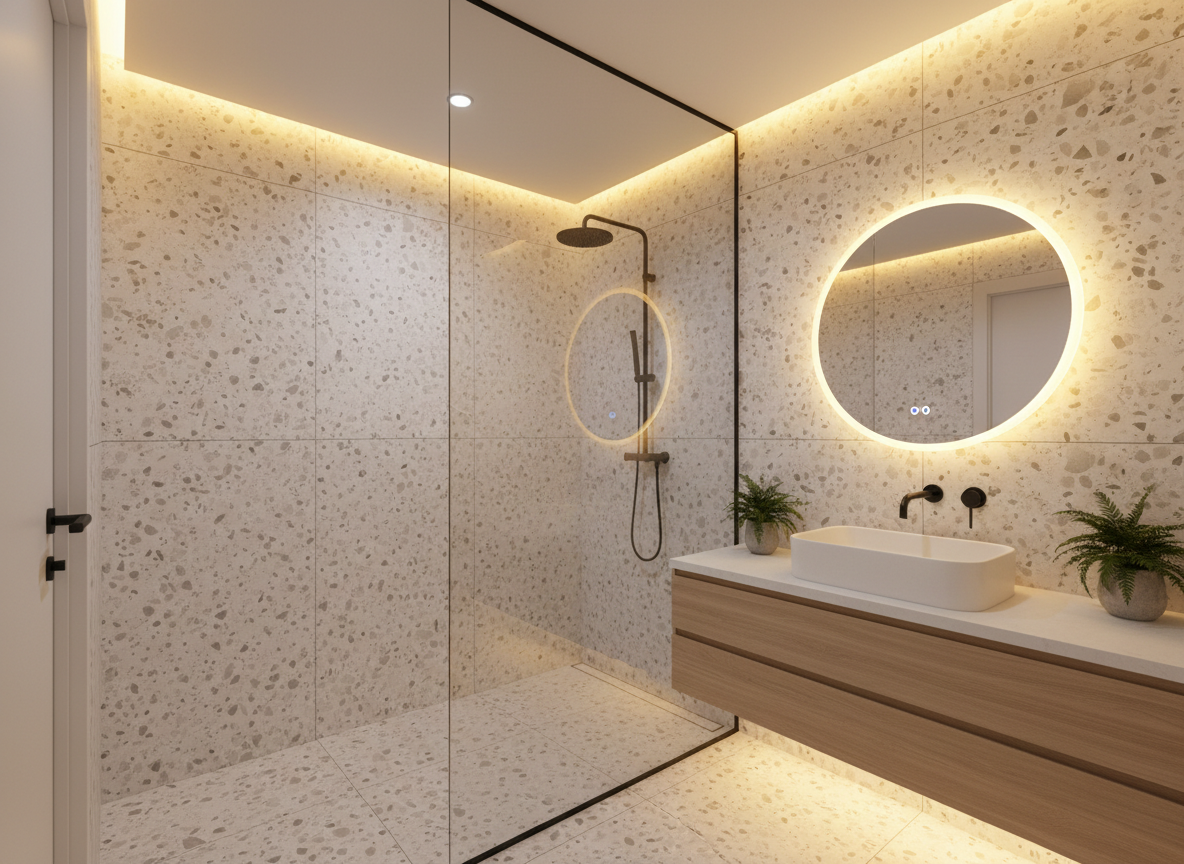 Phong Tam Nha Pho Hien Dai Vach Kinh Tam Dung Lavabo Da Trang Guong Led Cam Ung