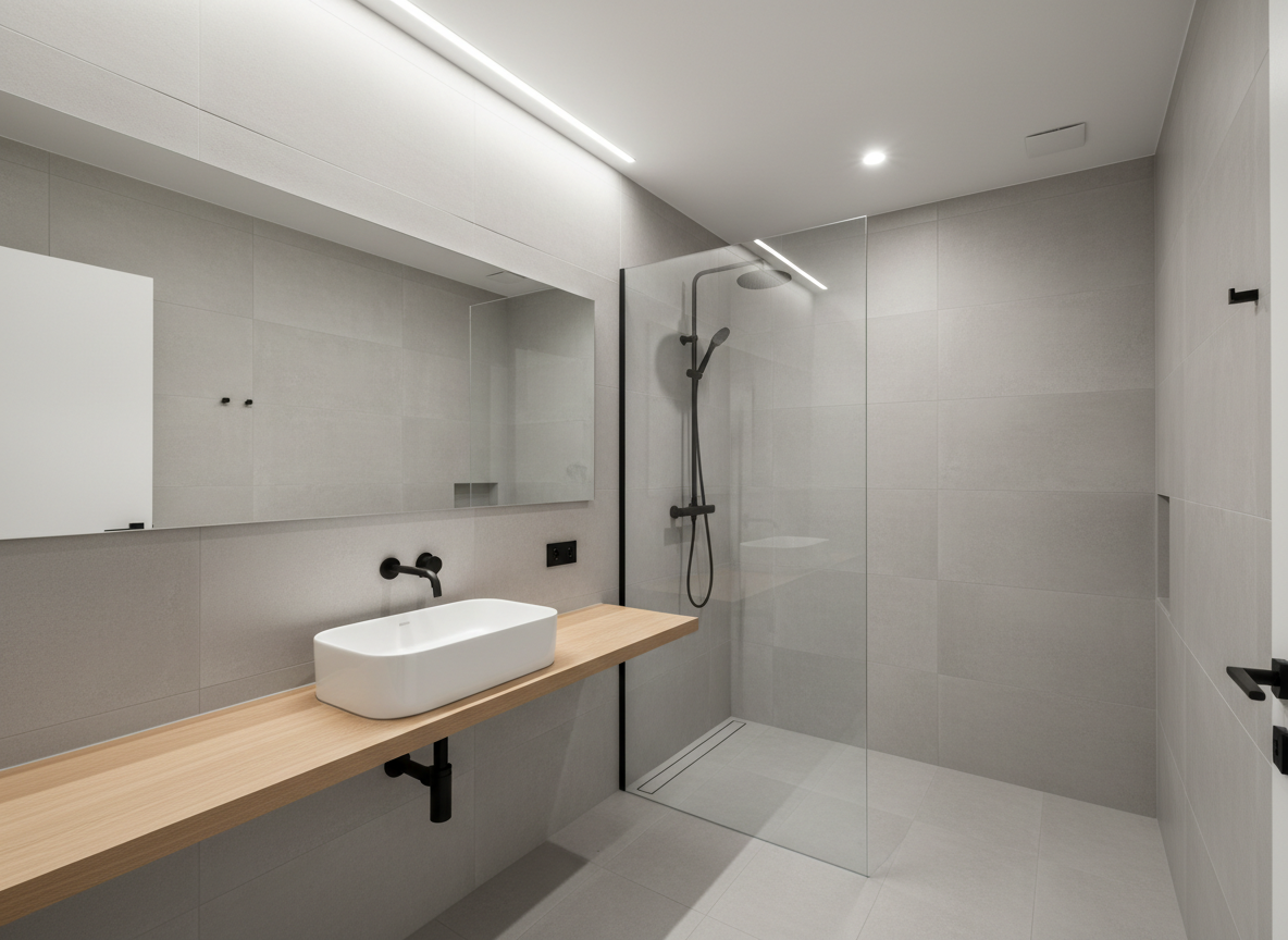 Phong Tam Nha Pho Toi Gian Gach Xam Nhat Lavabo Dat Tren Ke Go Sang Voi Nuoc