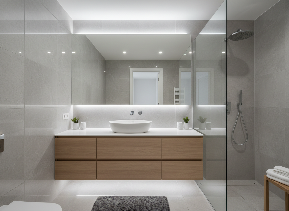 Phong Tam Nha Pho Toi Gian Tong Trang Xam Lavabo Da Nhan Tao Tu Duoi Go Soi