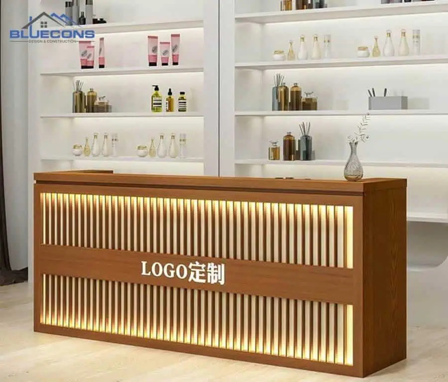 +20 mẫu Thiết kế quầy lễ tân nhà hàng đẹp, ấn tượng 22 Quầy lễ tân kết hợp tủ trưng bày đẹp mắt