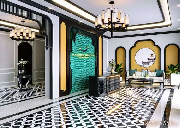 Tổng thể không gian lễ tân phong cách indochine
