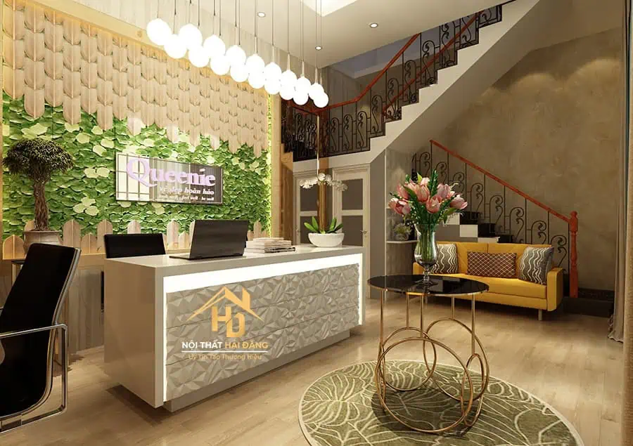 Quầy lễ tân với ánh sáng ấm áp