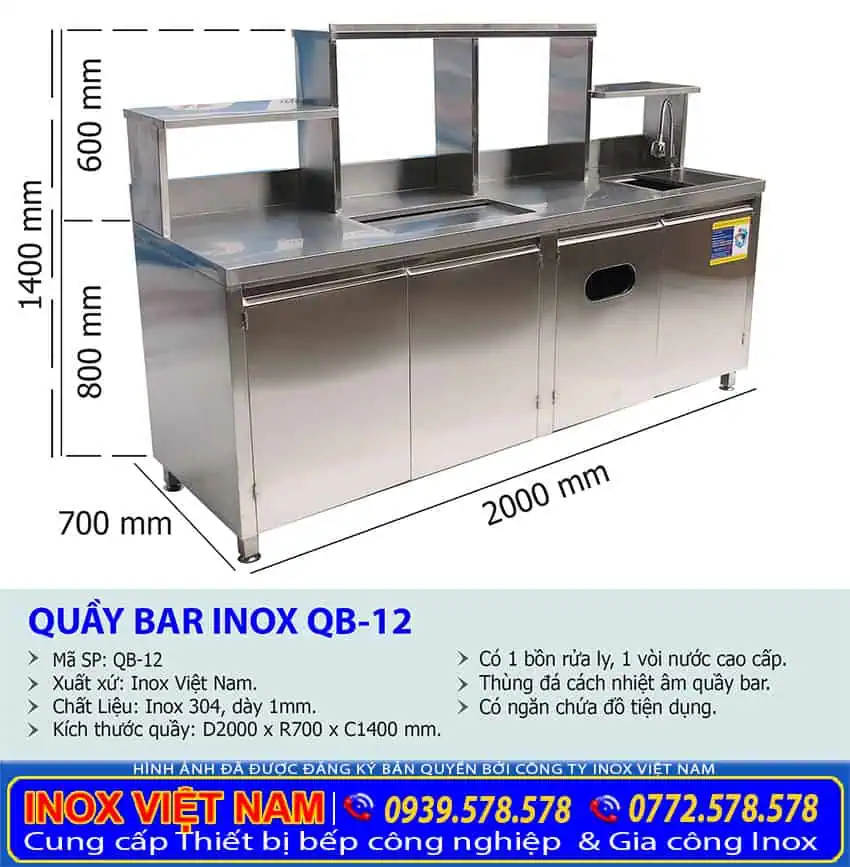 Kích thước quầy pha chế inox