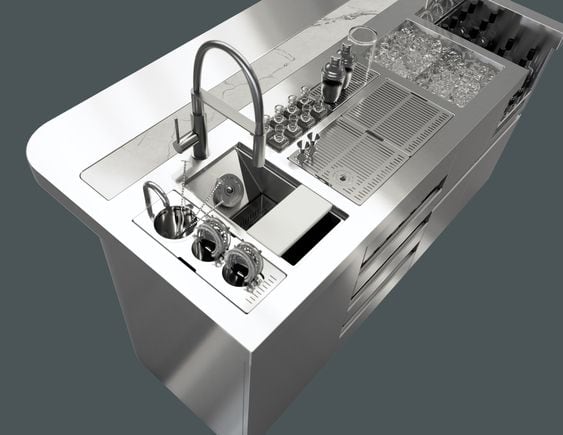 Mẫu quầy pha chế inox tiết kiệm không gian với ngăn kéo đẹp