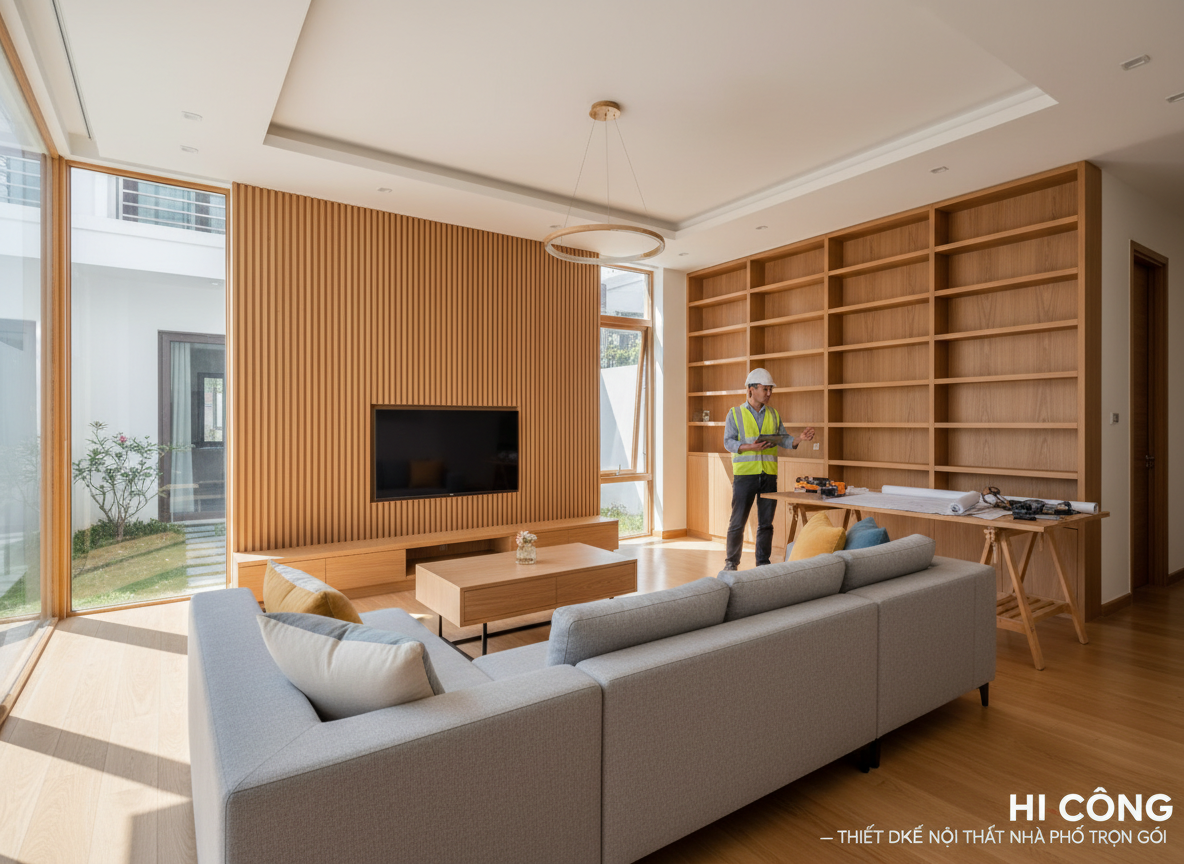 Thi Cong Thiet Ke Noi That Nha Pho Tron Goi Khong Gian Phong Khach Hien Dai