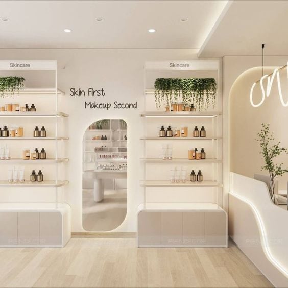 Thi Công Cửa Hàng Mỹ Phẩm Xu Hướng Nổi Bật Để Thu Hút Khách 4 Thi công cửa hàng mỹ phẩm với kệ trưng bày đẹp